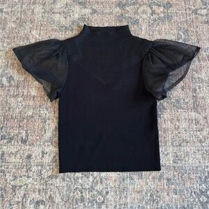 Zara Black Top with Sheer Puff Flutter Sleeves Size S